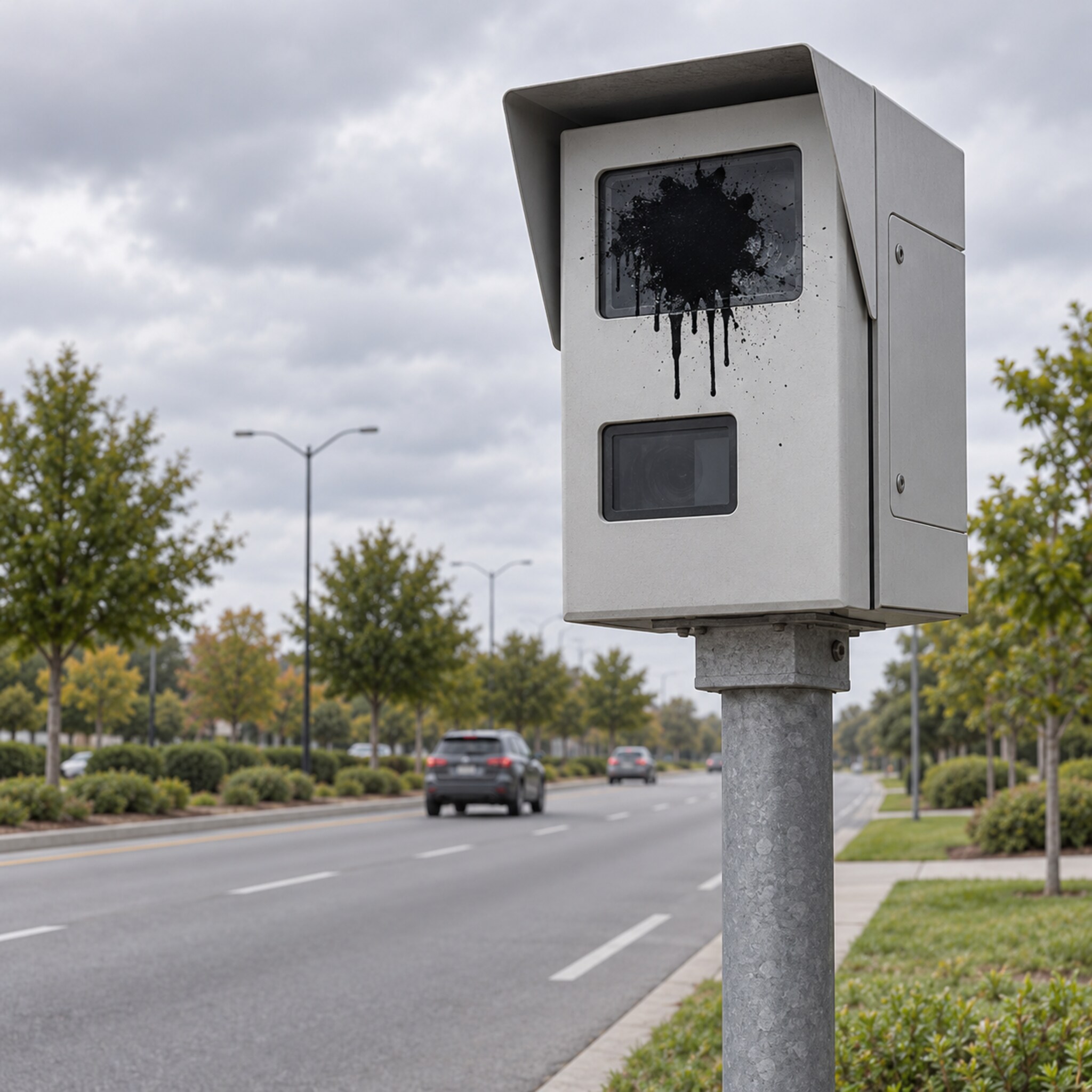 AI-generated illustration of a roadside automated license-plate camera with its lens obscured by paint.