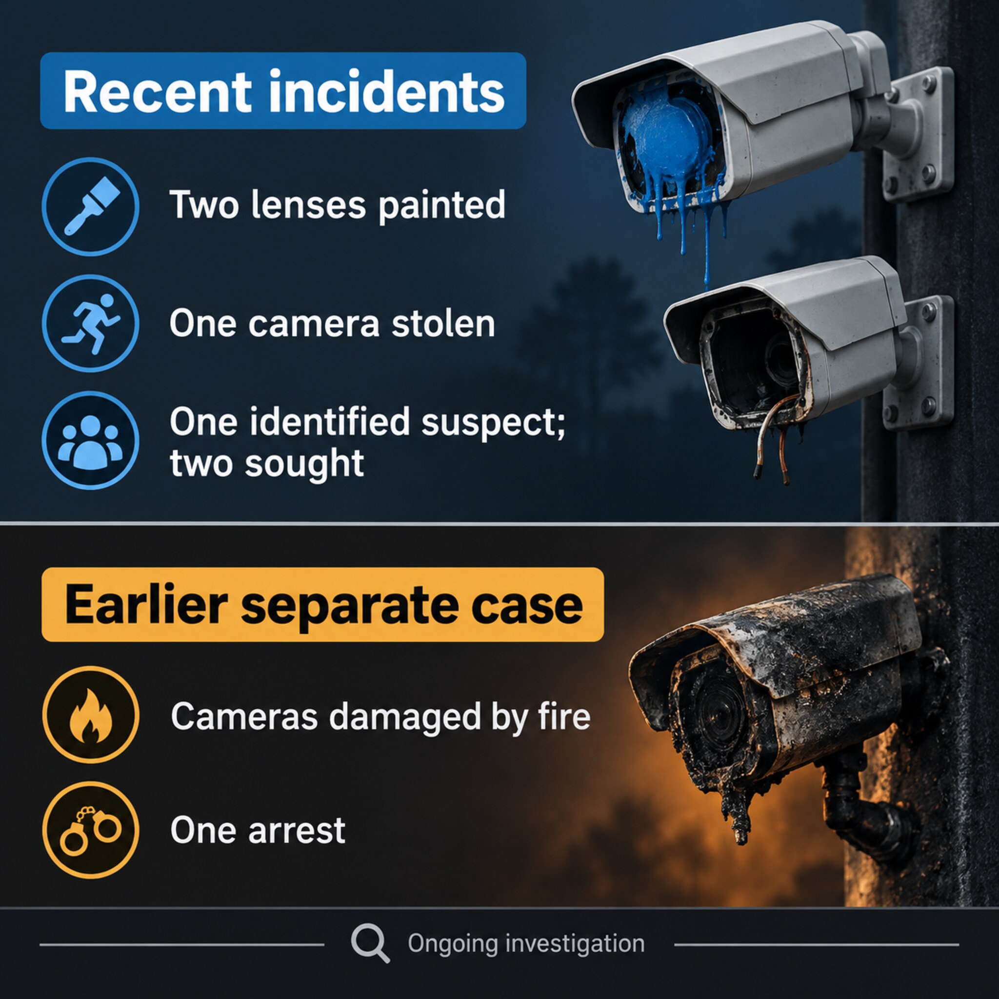 AI-generated illustration separating the recent painted-and-stolen camera incidents from an earlier fire-damage case.