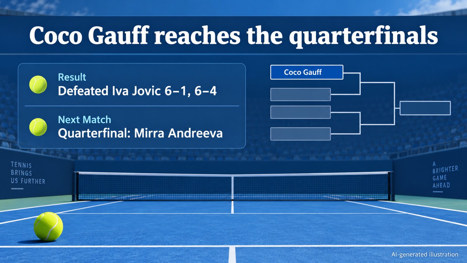 AI-generated illustration showing Coco Gauff’s 6-1, 6-4 fourth-round result and quarterfinal opponent Mirra Andreeva.