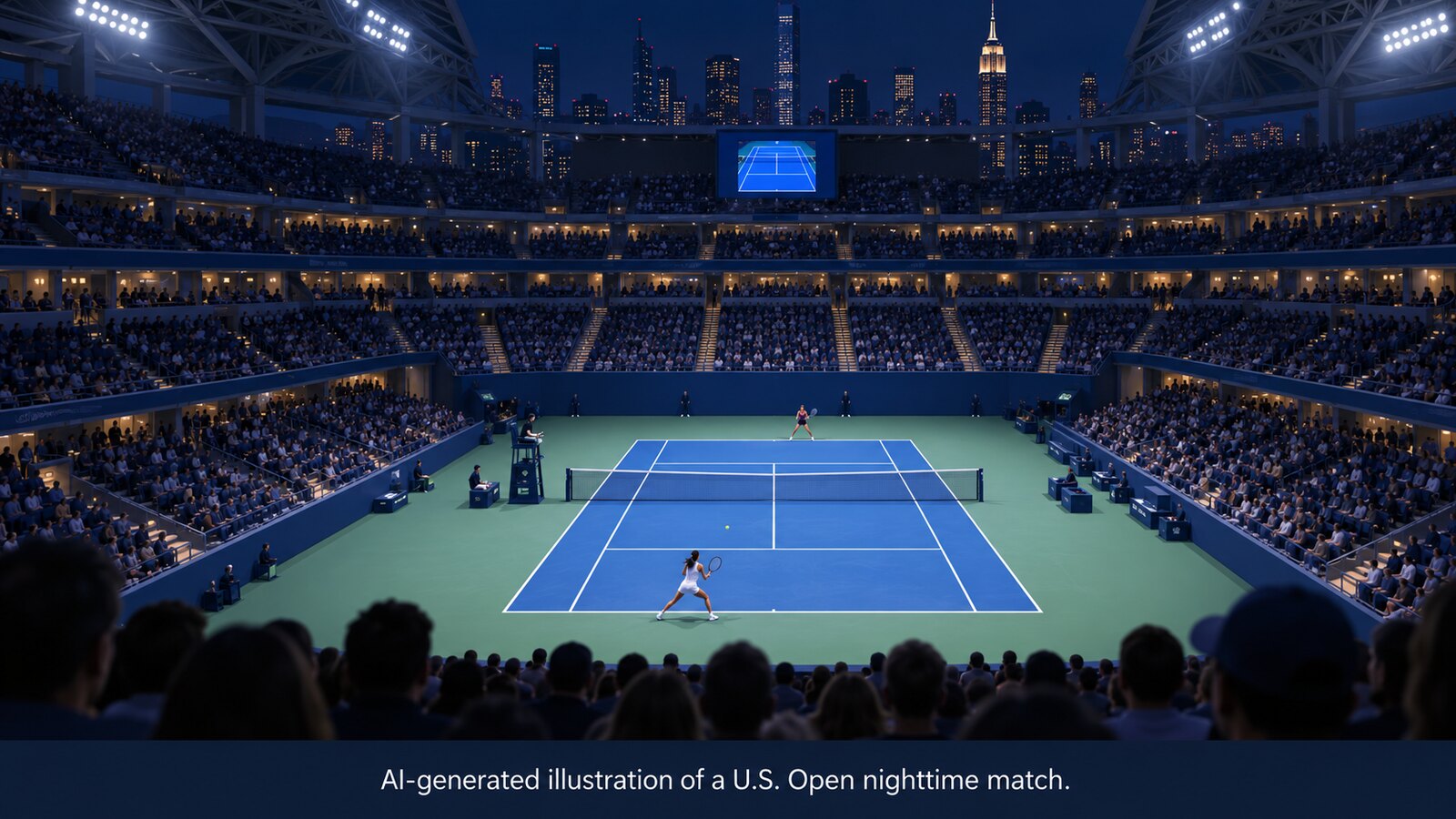 AI-generated illustration of a nighttime tennis match without identifiable player likenesses.