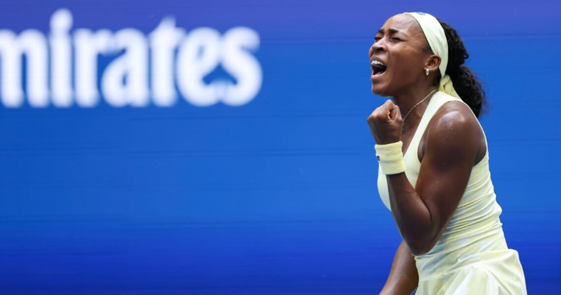Coco Gauff competing against Iva Jovic at the 2026 U.S. Open on September 7; WSB-TV/USTA photo.