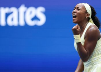 Coco Gauff competing against Iva Jovic at the 2026 U.S. Open on September 7; WSB-TV/USTA photo.