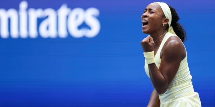 Coco Gauff competing against Iva Jovic at the 2026 U.S. Open on September 7; WSB-TV/USTA photo.