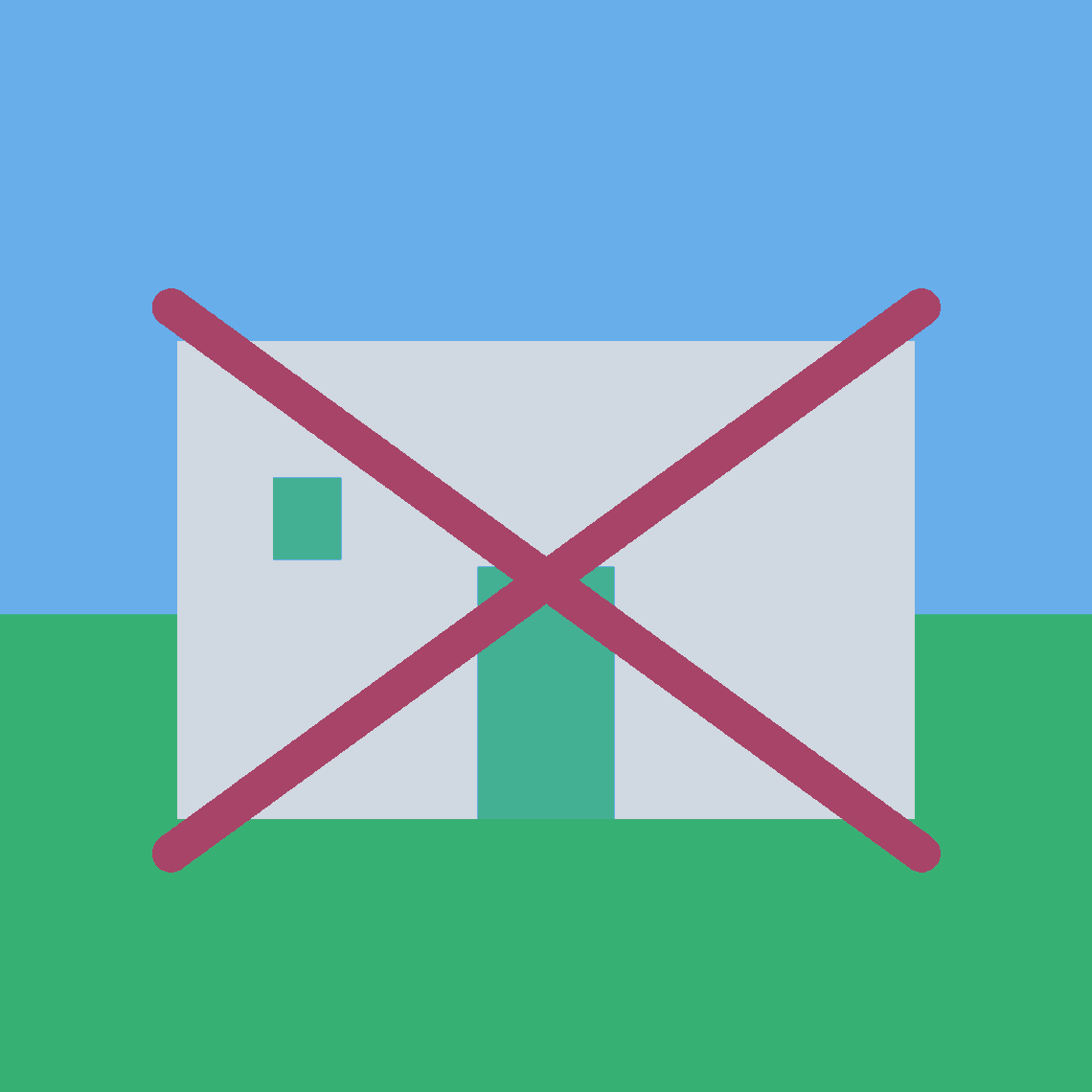 AI-generated illustration of a planned school building crossed out to represent Decatur ending the West Trinity project.