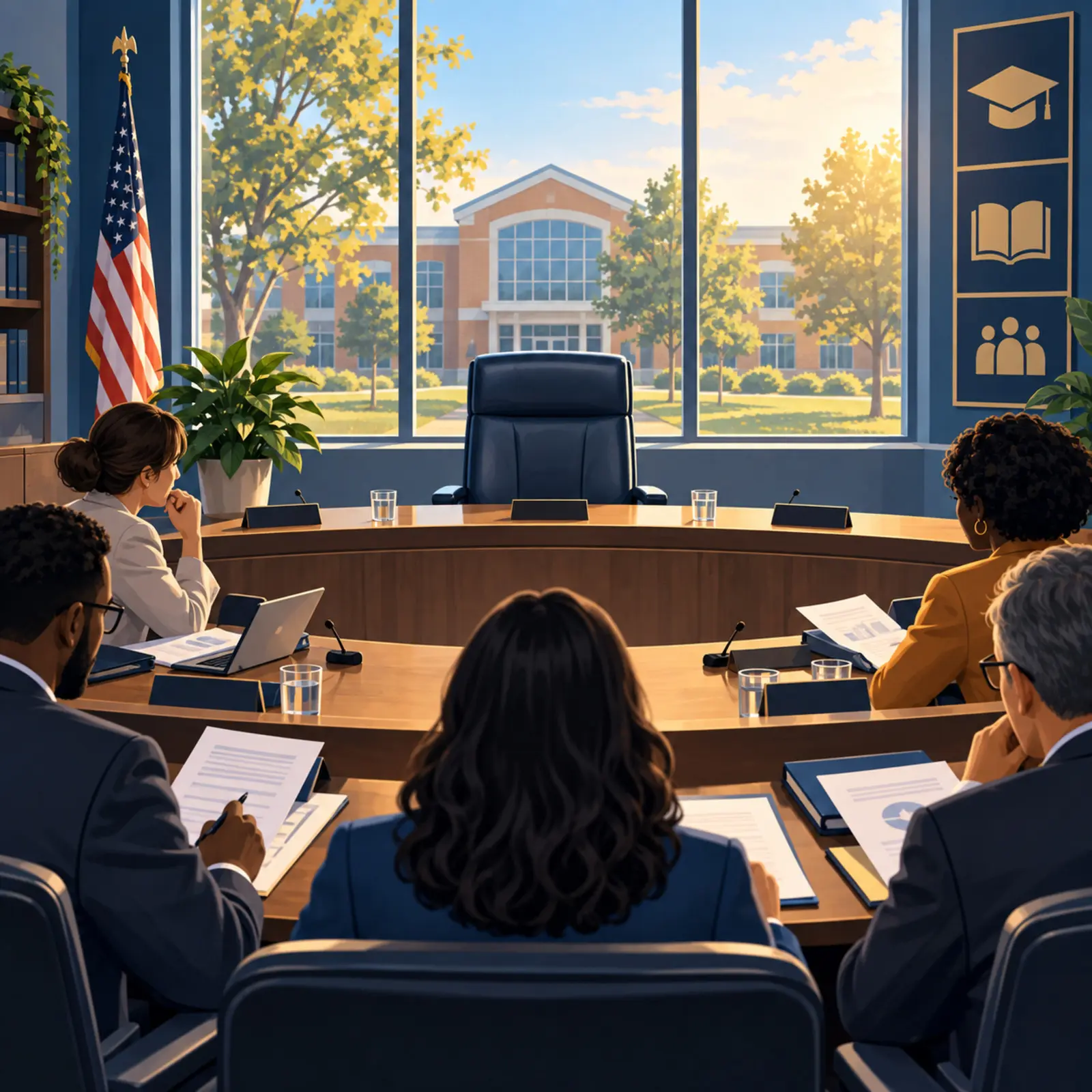 AI-generated illustration of a school board reviewing documents around an empty leadership chair.