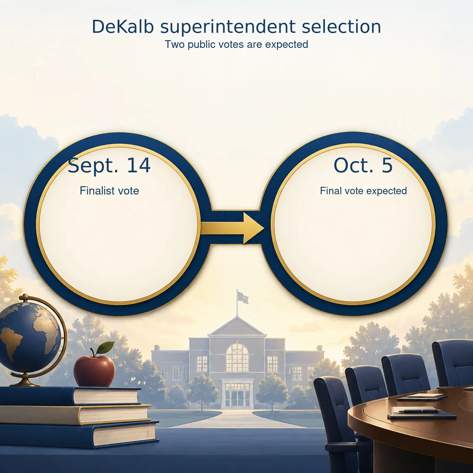 AI-generated illustration showing the September 14 superintendent-finalist vote and the expected October 5 final vote.
