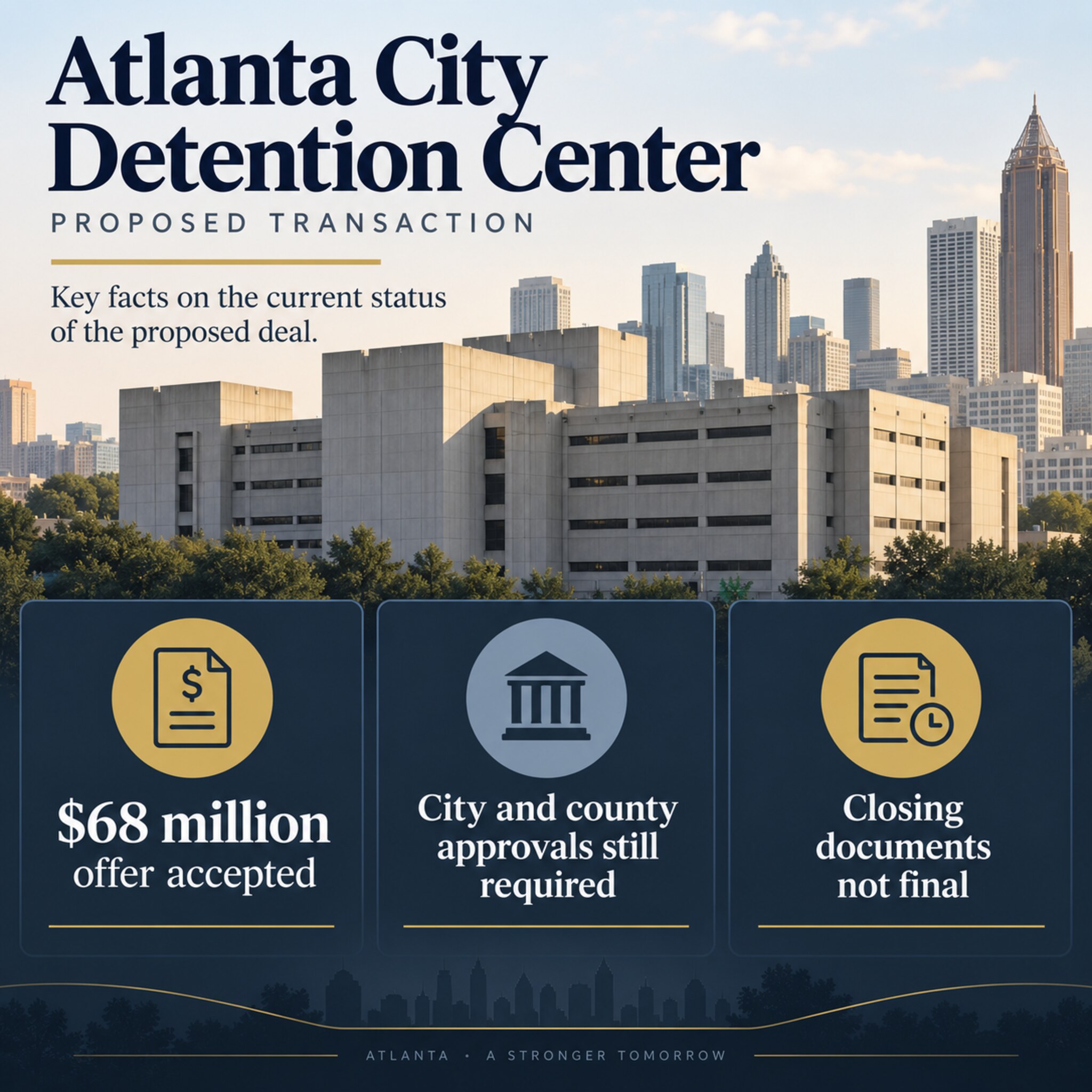 AI-generated illustration showing the $68 million accepted offer, pending city and county approvals and unfinished closing documents.