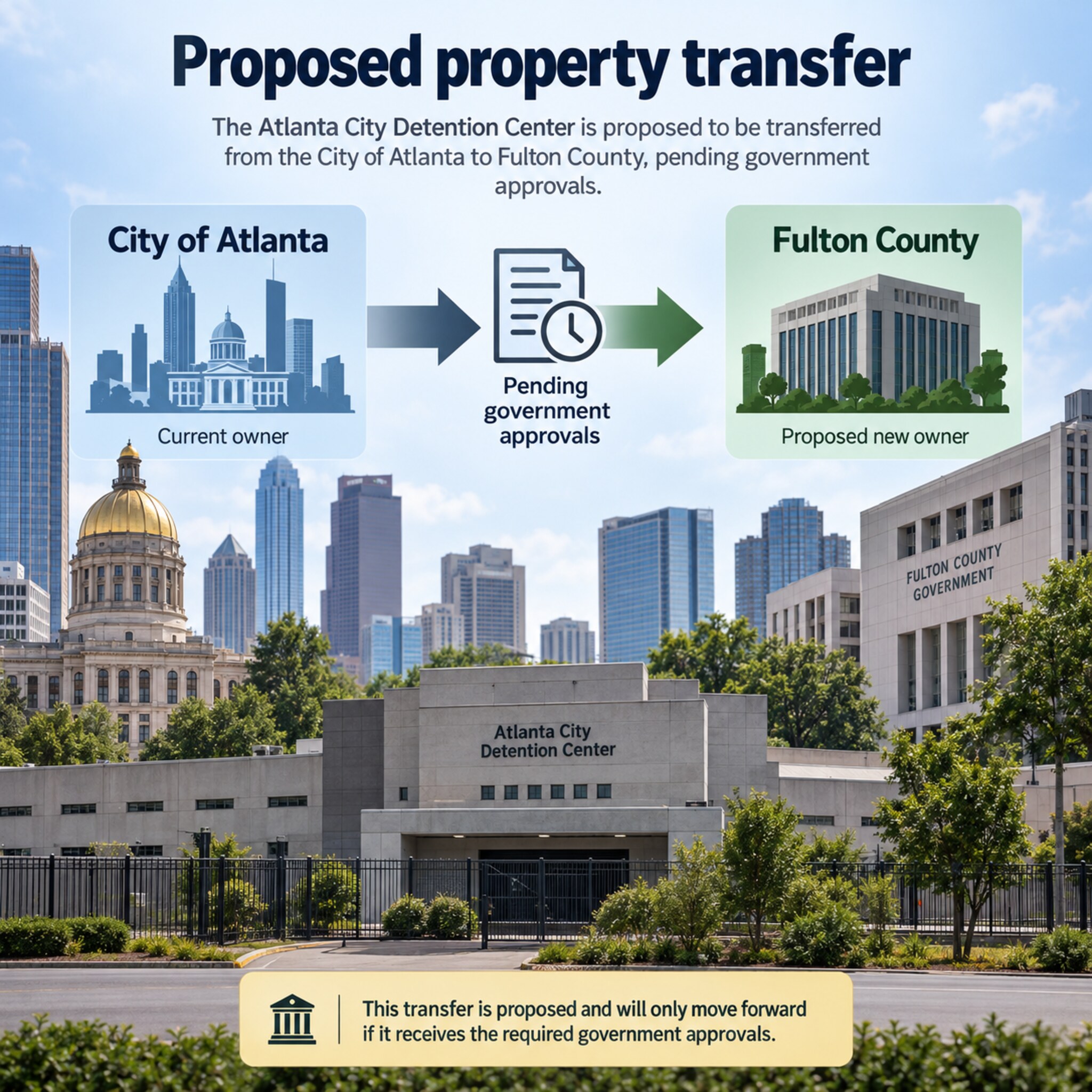 AI-generated illustration explaining the proposed transfer of the Atlanta City Detention Center from the City of Atlanta to Fulton County, pending approvals.