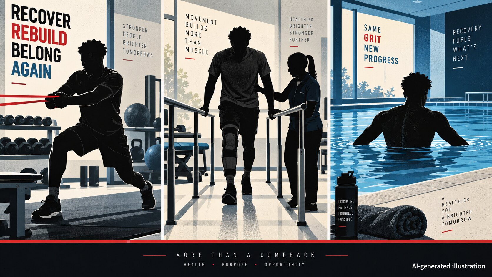 AI-generated illustration of non-identifying athletic rehabilitation exercises, including strength, mobility and aquatic therapy.