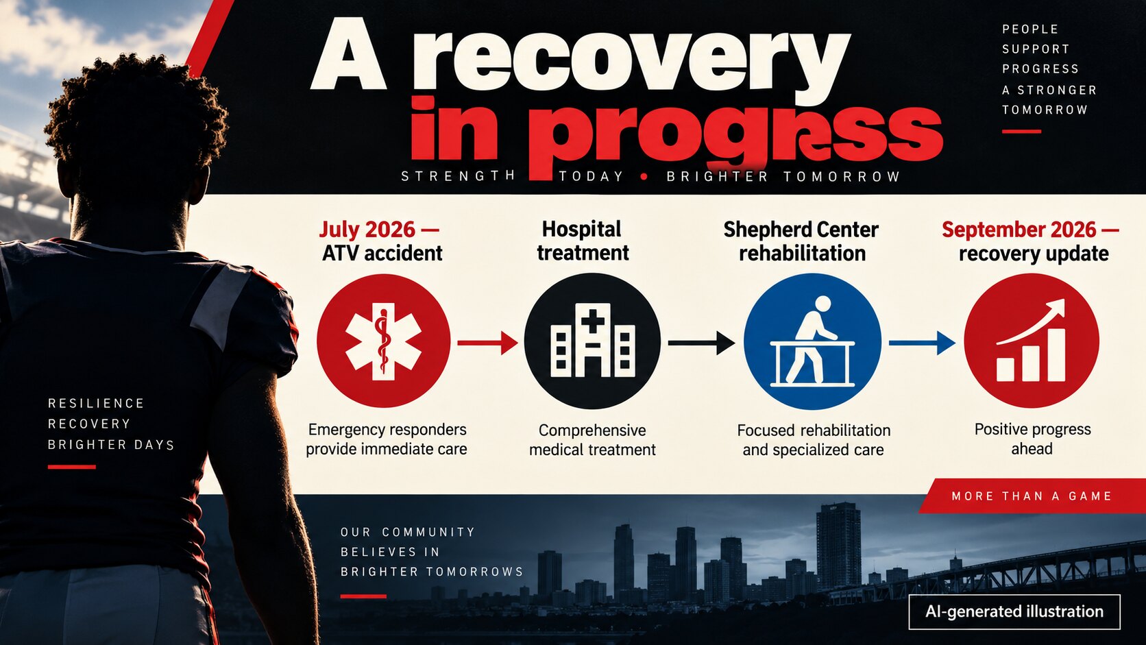 AI-generated illustration showing the July 2026 ATV accident, hospital care, Shepherd Center rehabilitation and September recovery update.