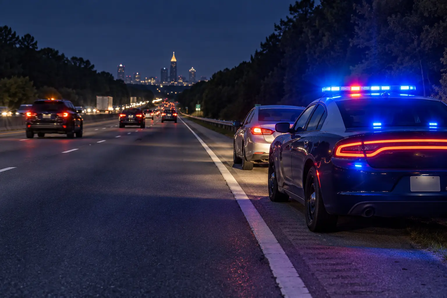 AI-generated illustration of a Georgia highway during nighttime Labor Day traffic enforcement.