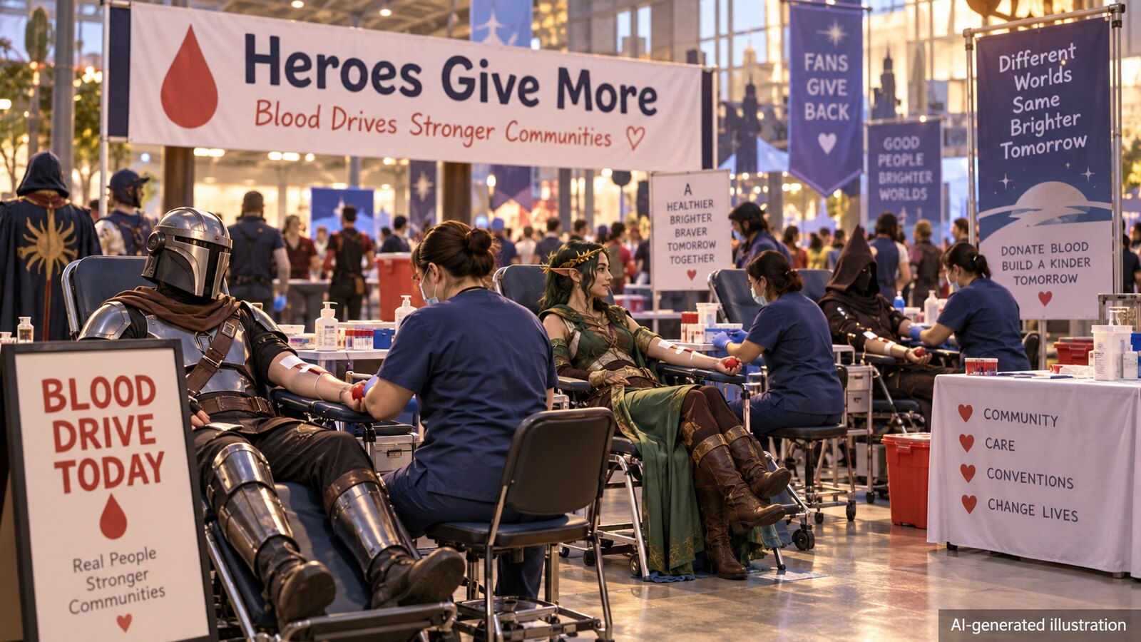 AI-generated illustration of non-identifiable costumed convention attendees donating blood.