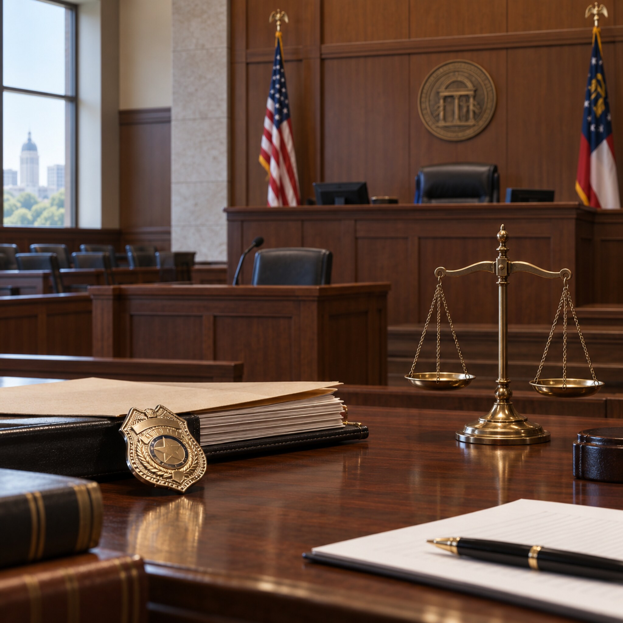 AI-generated illustration of an empty Fulton County courtroom with court documents, scales and a police badge.
