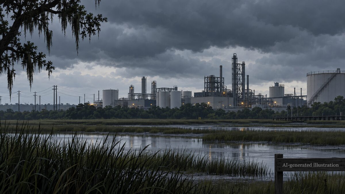 AI-generated illustration of a generic industrial facility beneath low clouds following a power outage.