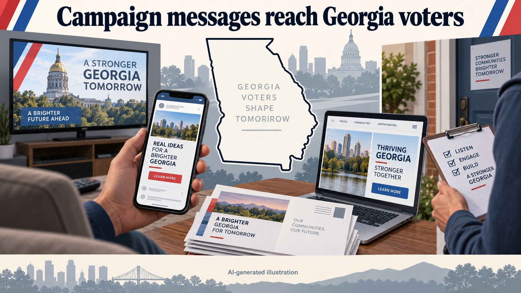 AI-generated illustration of television, mobile, mail and direct-voter campaign messaging in Georgia’s 2026 governor’s race.
