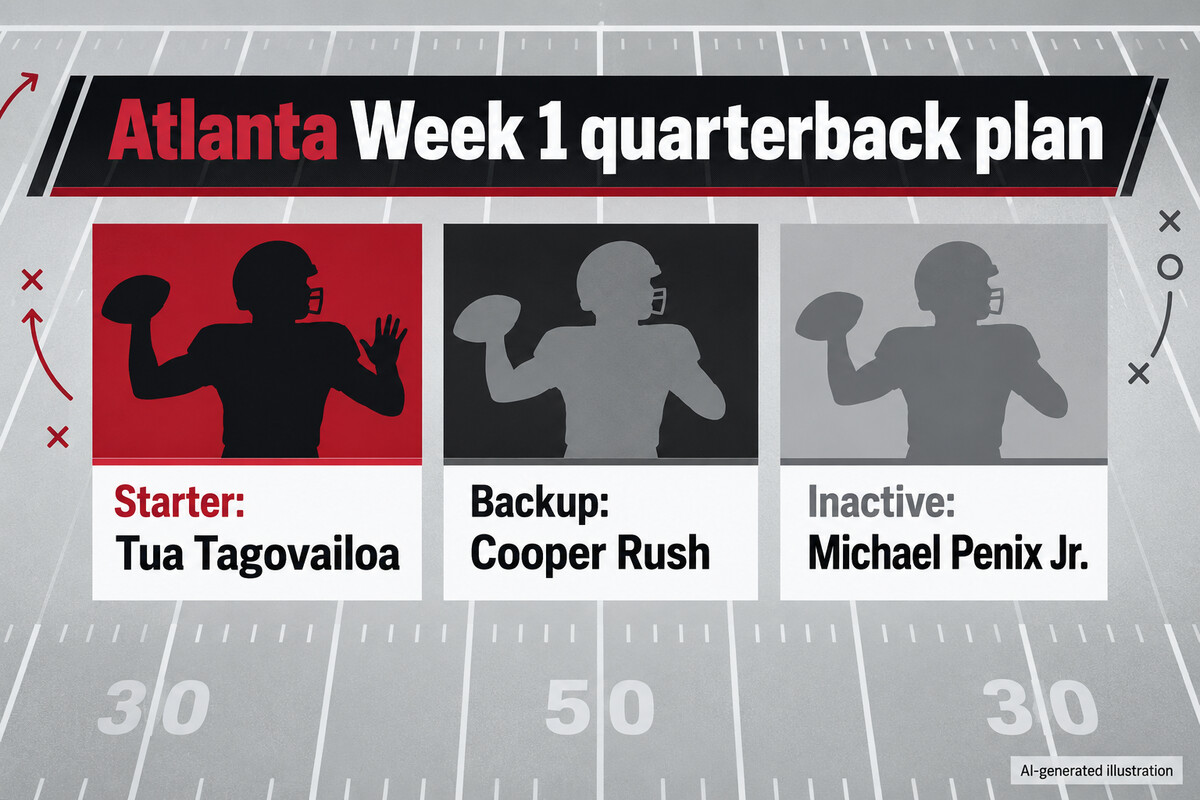 AI-generated illustration listing Tua Tagovailoa as starter, Cooper Rush as backup and Michael Penix Jr. as inactive.