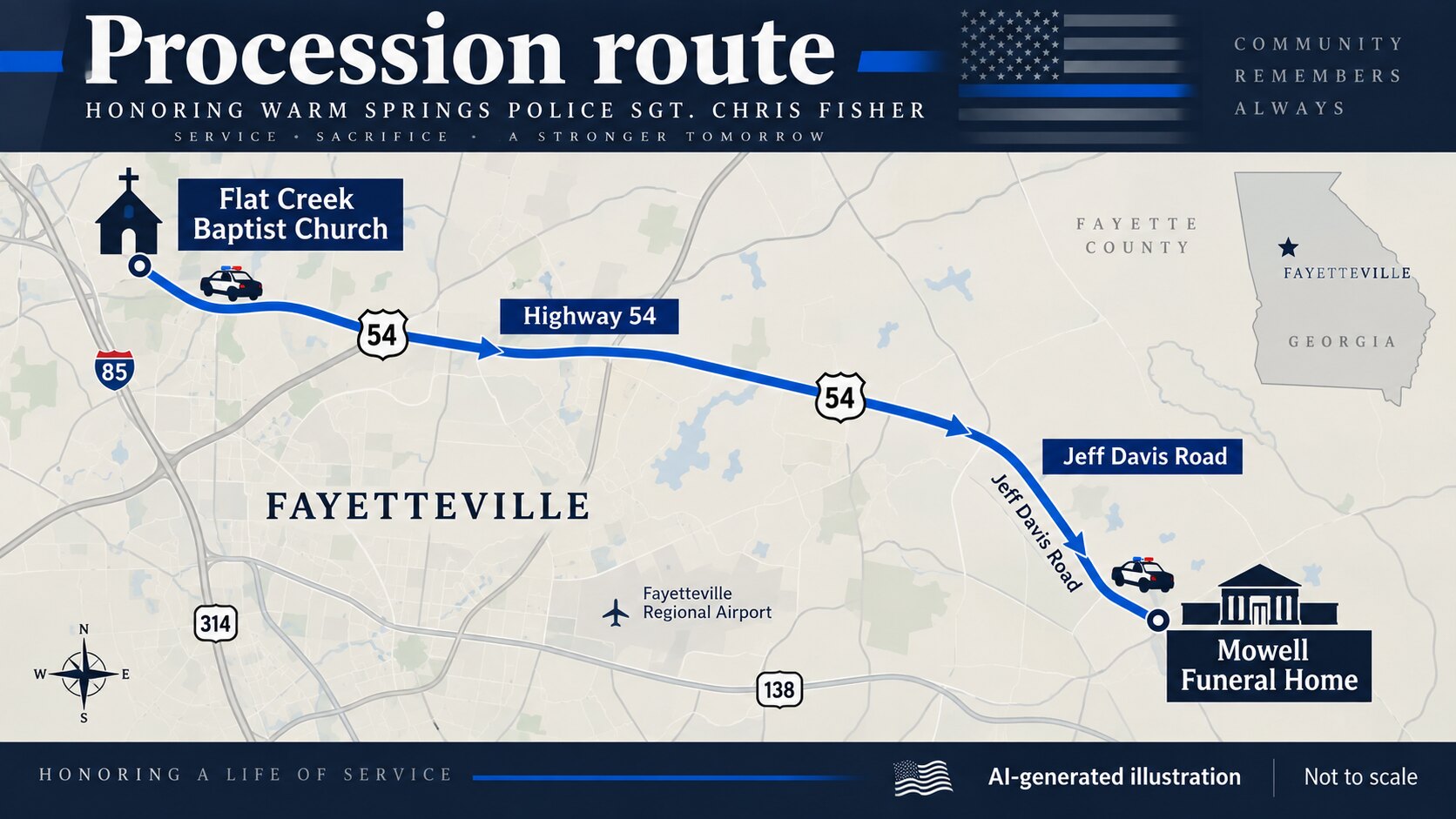 AI-generated illustration mapping the announced procession from Flat Creek Baptist Church along Highway 54 and Jeff Davis Road to Mowell Funeral Home.