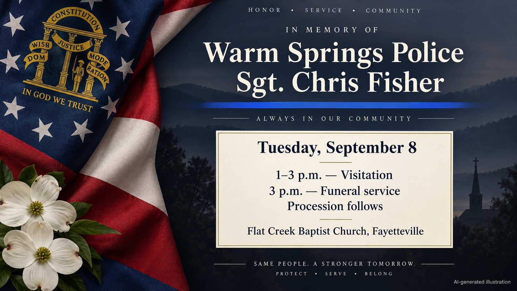 AI-generated illustration listing the September 8 visitation, funeral and procession schedule for Sgt. Chris Fisher.