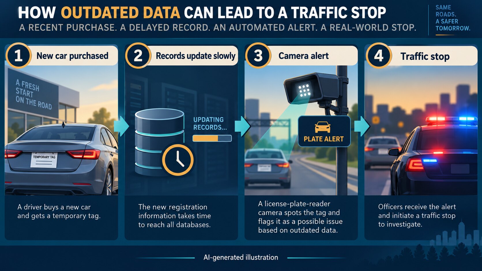 AI-generated illustration showing a new vehicle purchase followed by a delayed database update, camera alert and police stop.