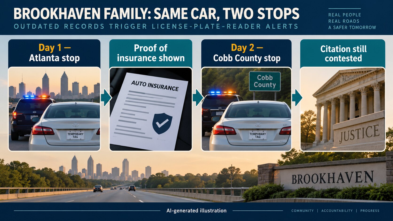 AI-generated illustration showing the Atlanta stop, Cobb County stop and the family’s effort to contest the citation.