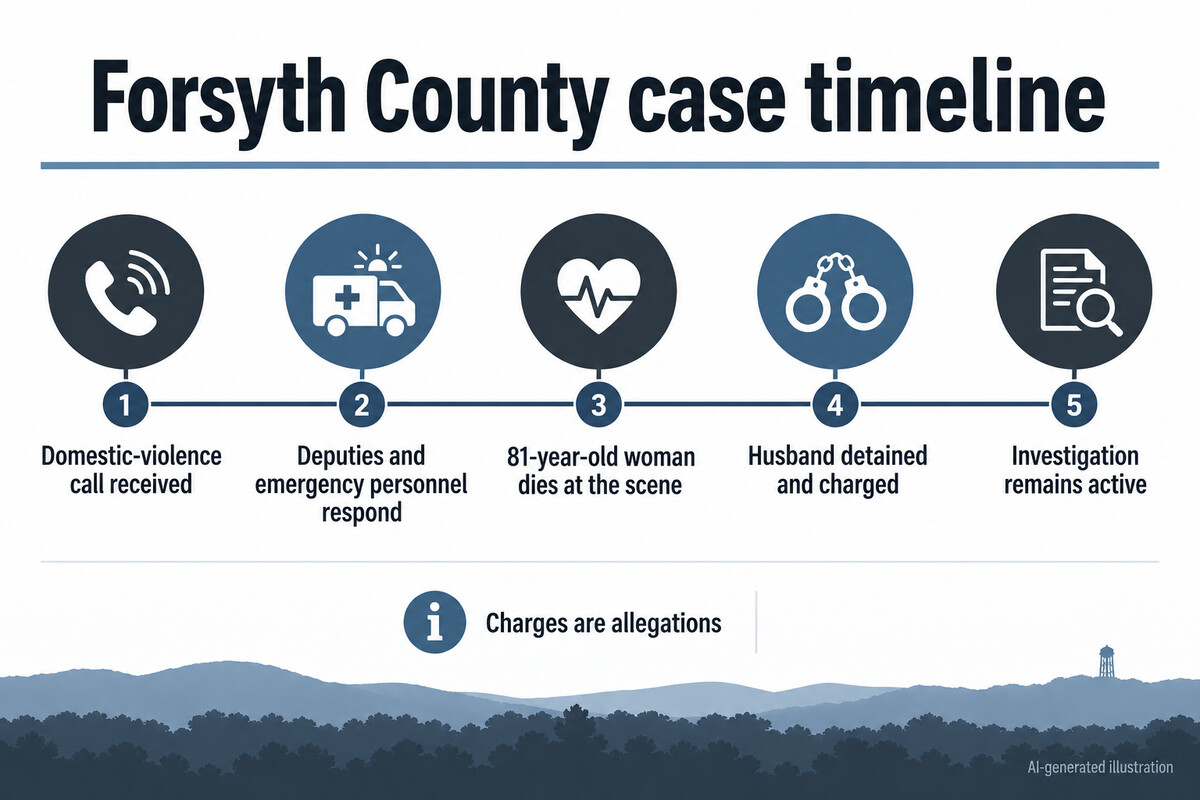 AI-generated illustration showing the domestic-violence call, emergency response, death, arrest and continuing investigation.