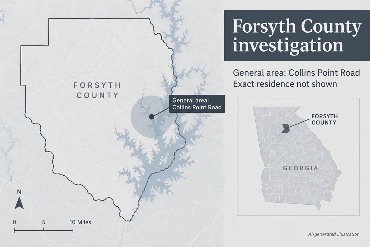 AI-generated illustration locating Collins Point Road within Forsyth County without identifying the home.