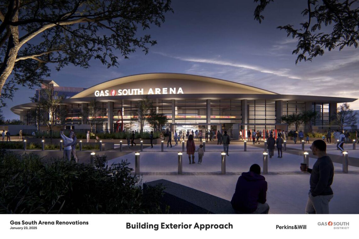 Rendering of the renovated exterior entrance planned for Gas South Arena in Duluth