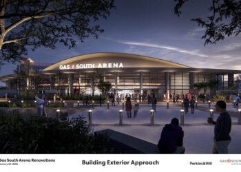 Rendering of the renovated exterior entrance planned for Gas South Arena in Duluth