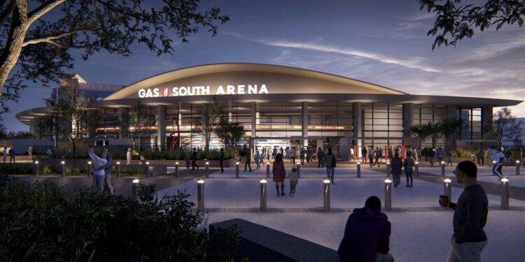 Rendering of the renovated exterior entrance planned for Gas South Arena in Duluth