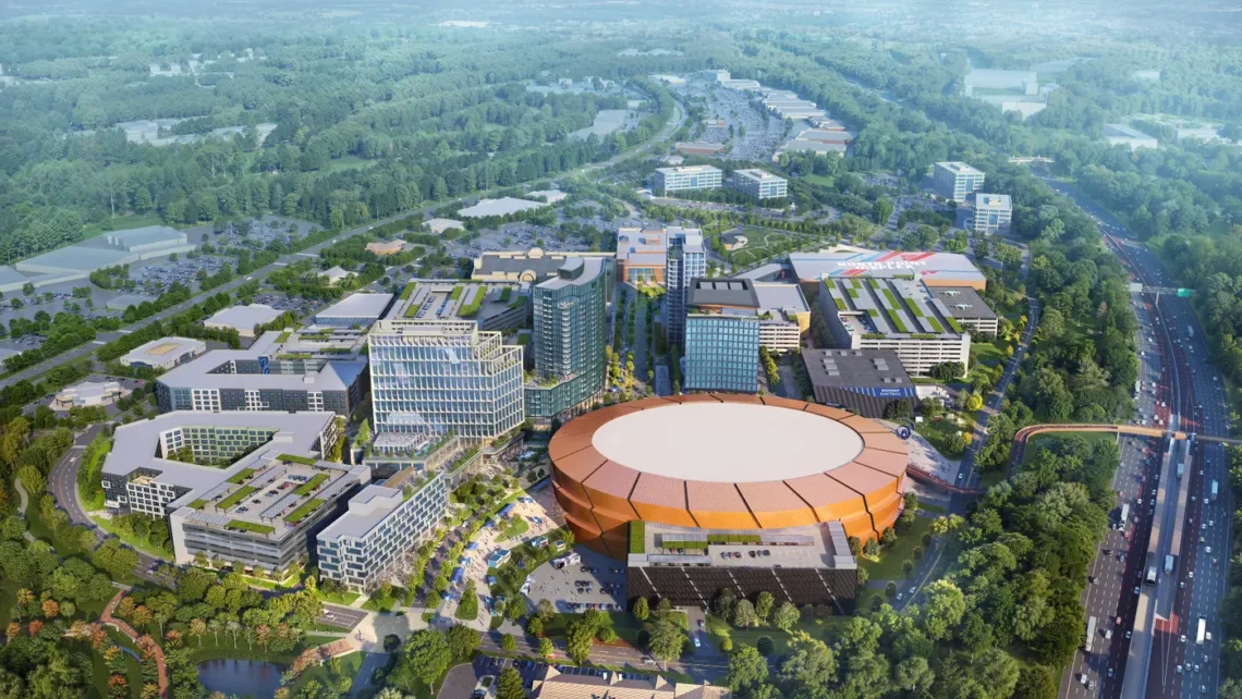Aerial rendering of The Gathering at South Forsyth with the proposed arena in the foreground