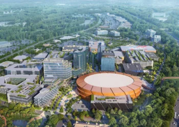 Aerial rendering of The Gathering at South Forsyth with the proposed arena in the foreground