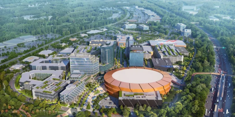 Aerial rendering of The Gathering at South Forsyth with the proposed arena in the foreground