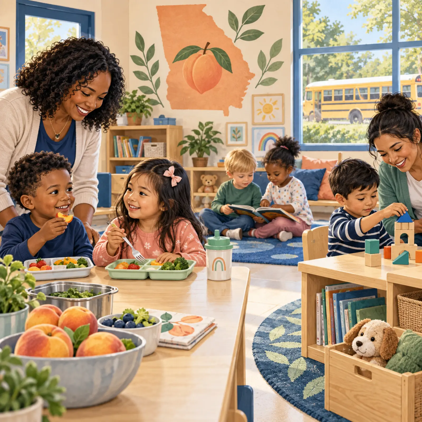 AI-generated illustration of a Georgia early-learning classroom with healthy meals, teachers, students and facility resources.