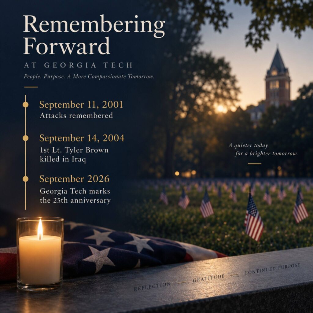 AI-generated illustration showing September 11, 2001, the 2004 death of 1st Lt. Tyler Brown and Georgia Tech’s 2026 remembrance.