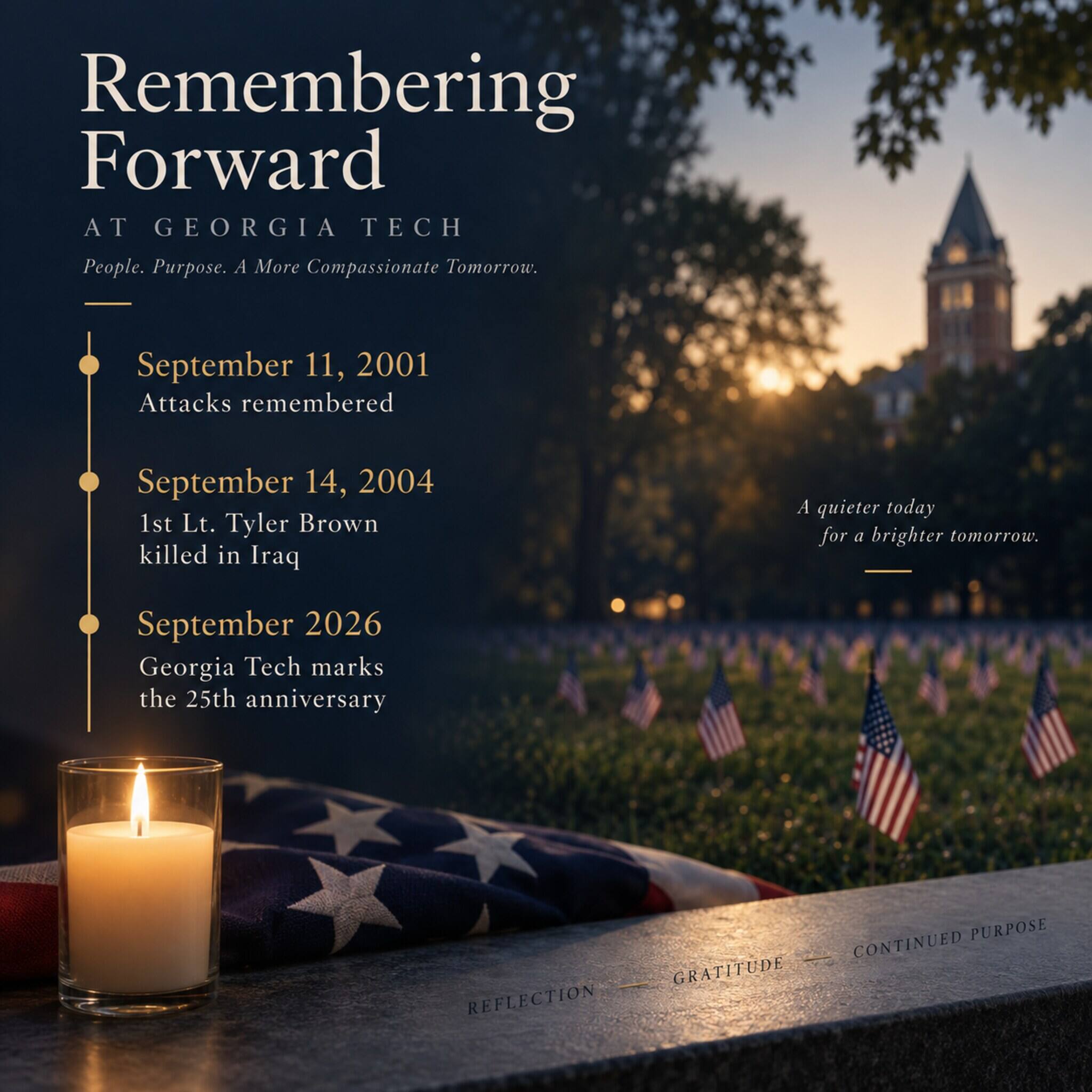 AI-generated illustration showing September 11, 2001, the 2004 death of 1st Lt. Tyler Brown and Georgia Tech’s 2026 remembrance.