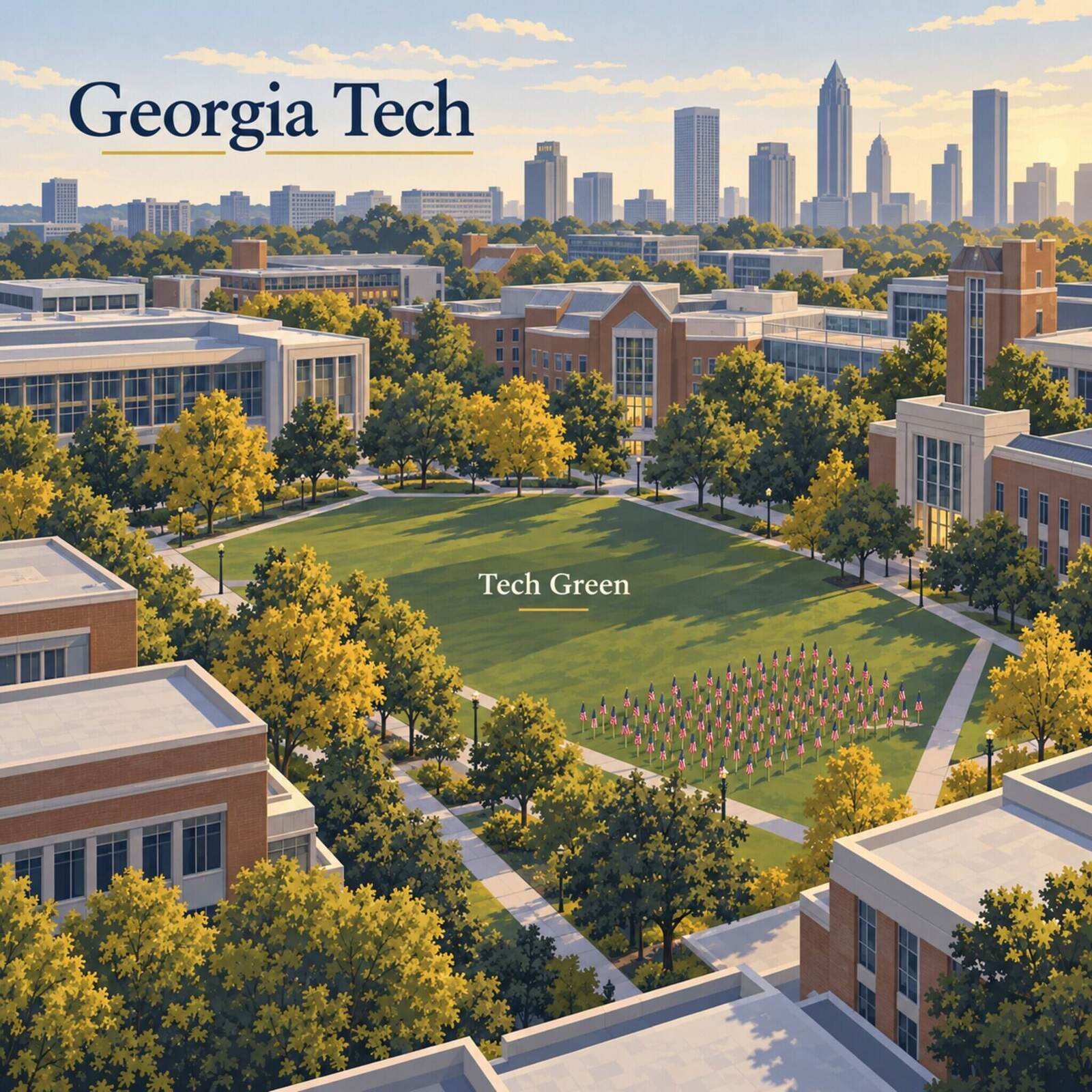 AI-generated illustration locating Tech Green on Georgia Tech’s campus with a field of memorial flags.