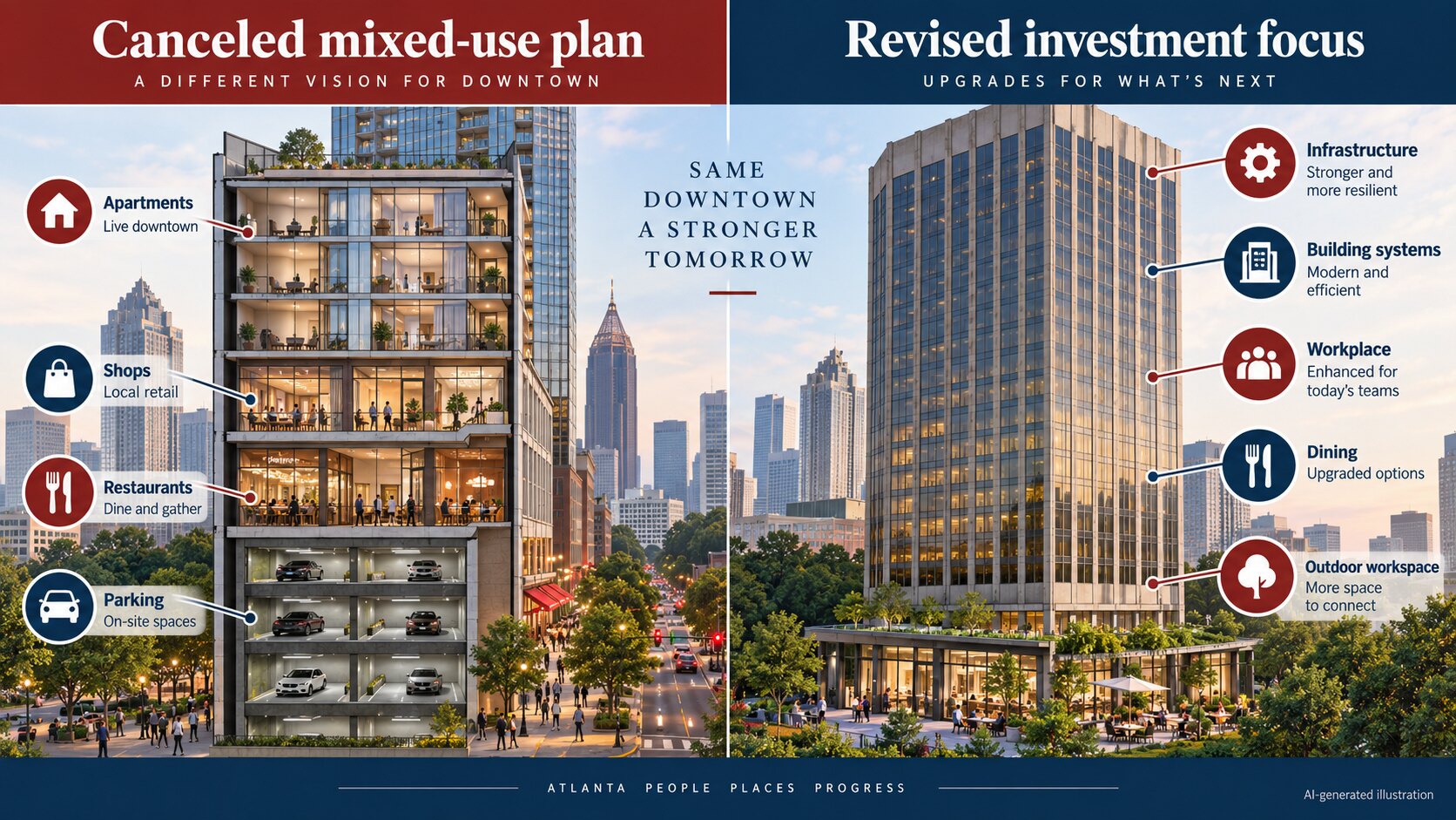AI-generated illustration comparing Georgia-Pacific’s canceled mixed-use tower conversion with planned infrastructure and workplace upgrades.