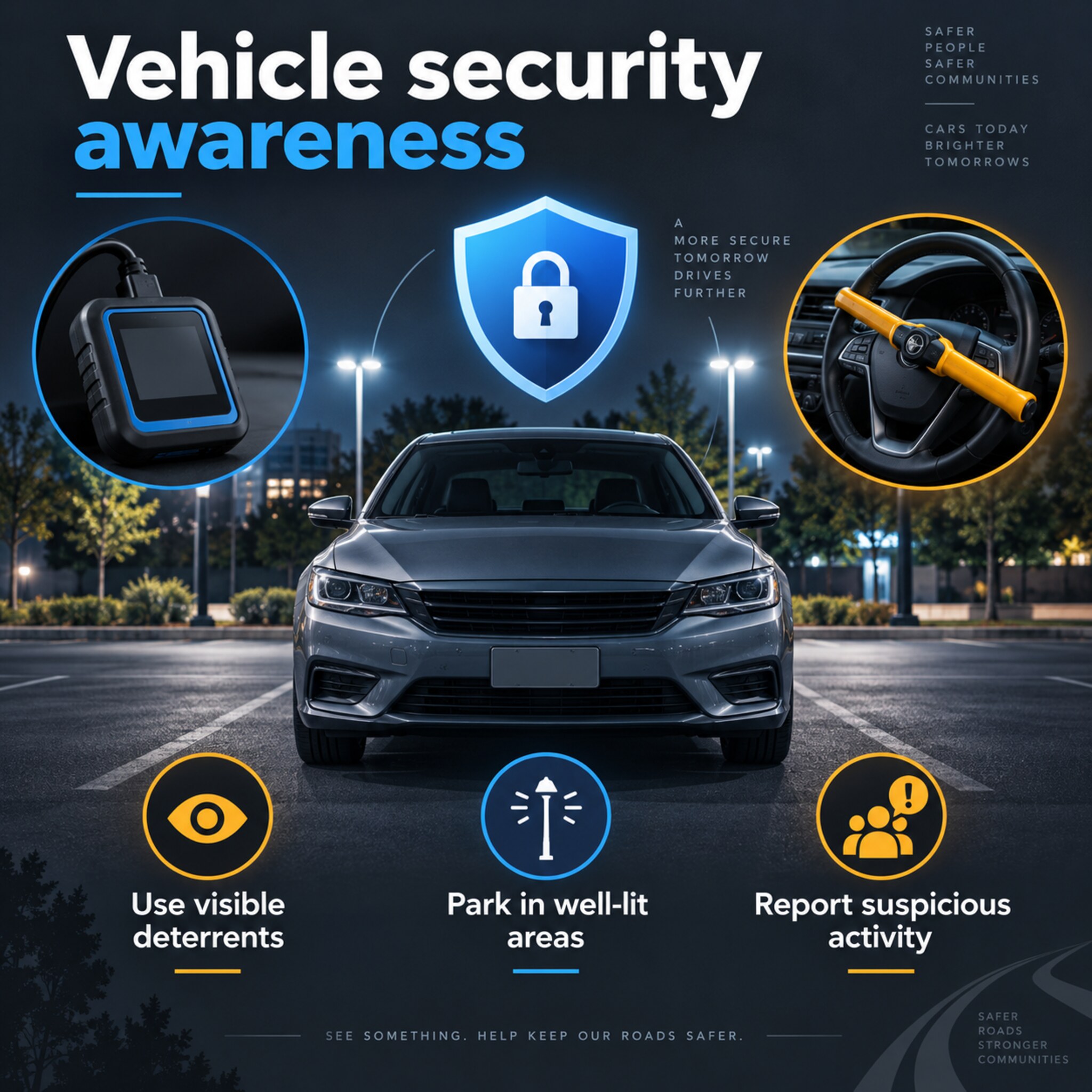 AI-generated illustration offering general vehicle-security reminders, including visible deterrents and well-lit parking.