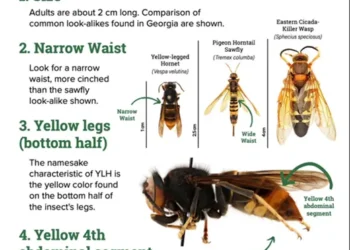 Official Georgia Department of Agriculture guide identifying four characteristics of the yellow-legged hornet.