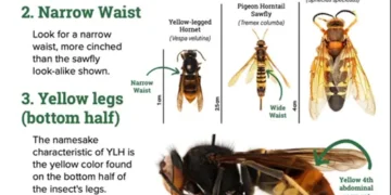 Official Georgia Department of Agriculture guide identifying four characteristics of the yellow-legged hornet.