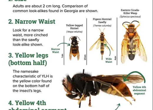 Official Georgia Department of Agriculture guide identifying four characteristics of the yellow-legged hornet.