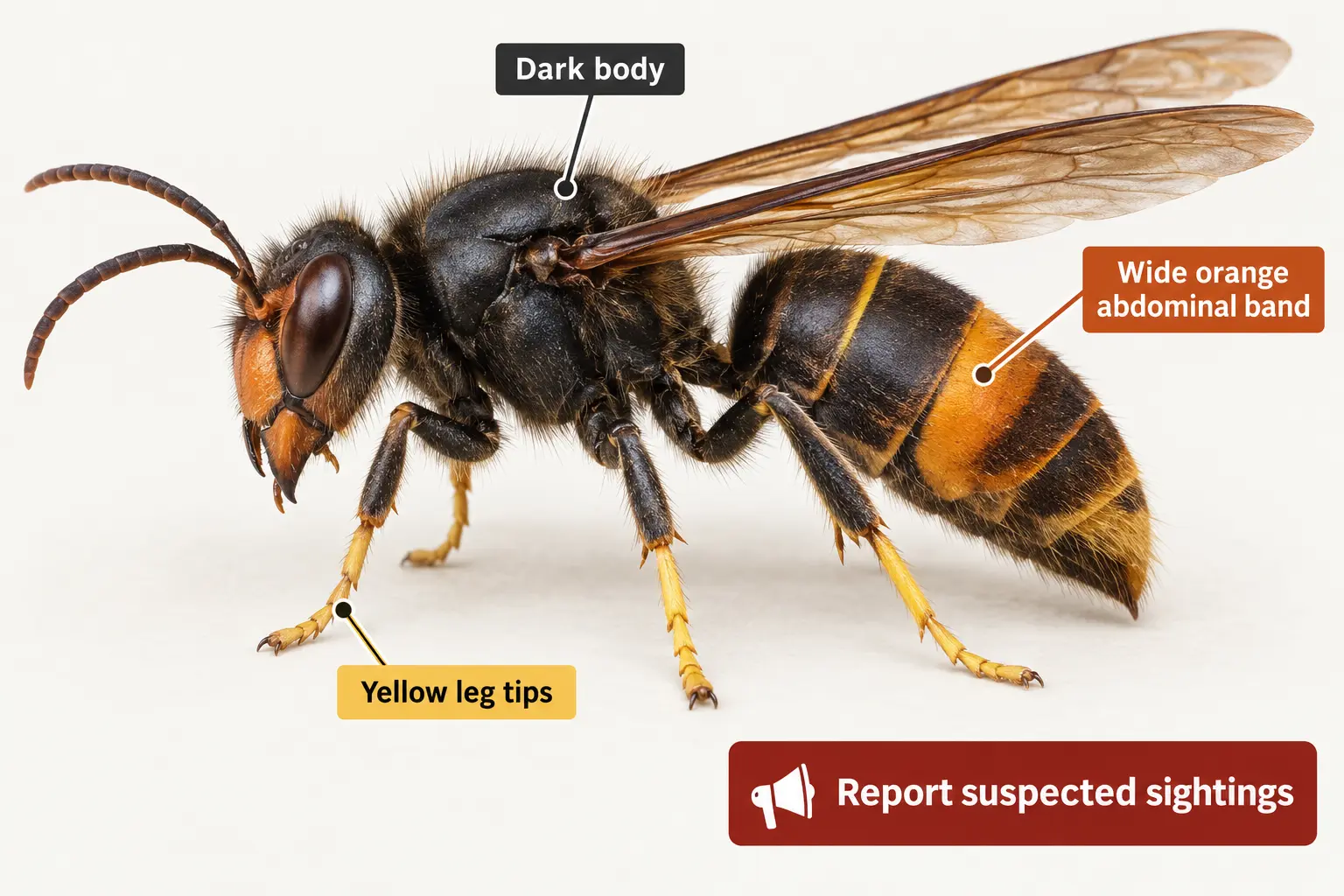 AI-generated illustration of a yellow-legged hornet showing yellow leg tips, a dark body and a wide orange abdominal band.