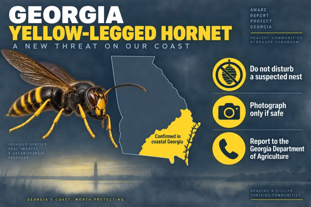 AI-generated illustration advising residents not to disturb a suspected nest, photograph only if safe and report the sighting to the Georgia Department of Agriculture.