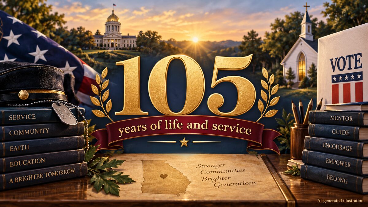 AI-generated illustration featuring the number 105 and symbols of civic and community service.