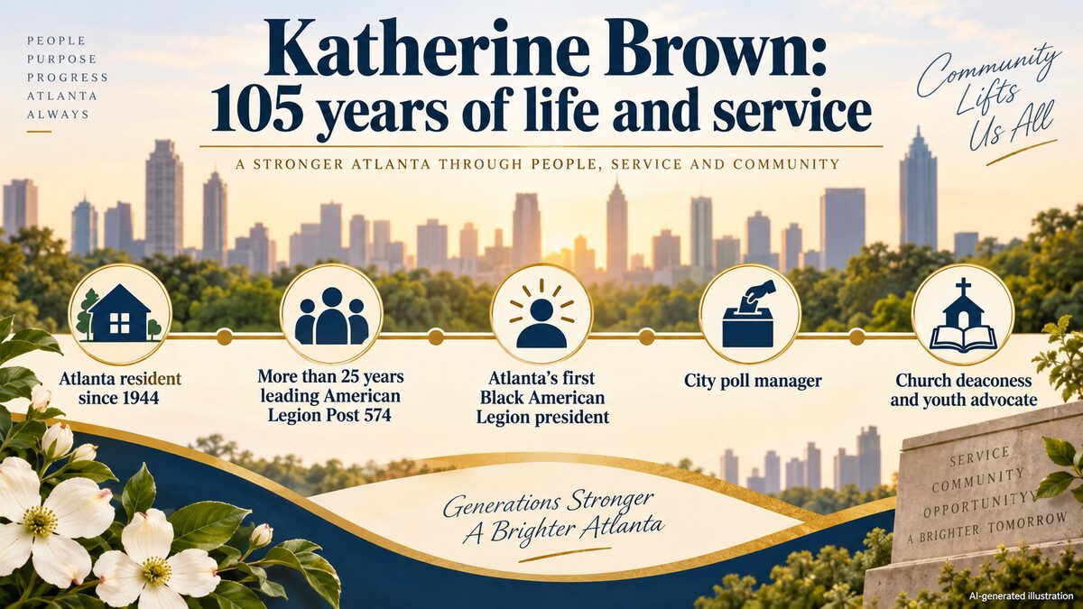 AI-generated illustration presenting a timeline of Katherine Brown’s verified community leadership.