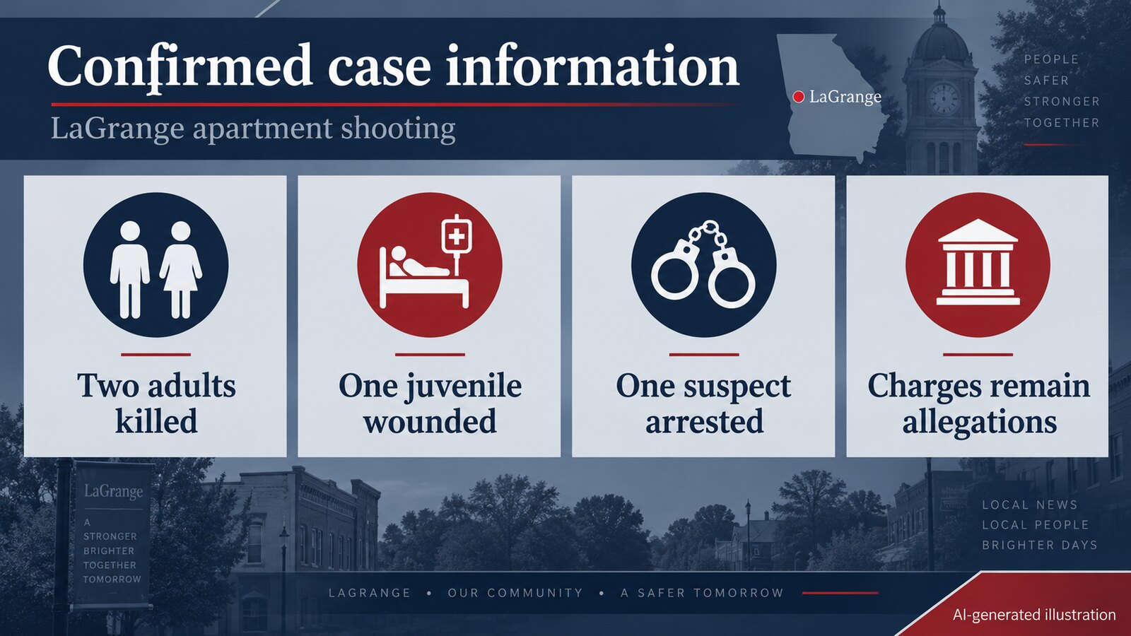 AI-generated illustration showing two deaths, one juvenile injury and one arrest; criminal charges remain allegations.