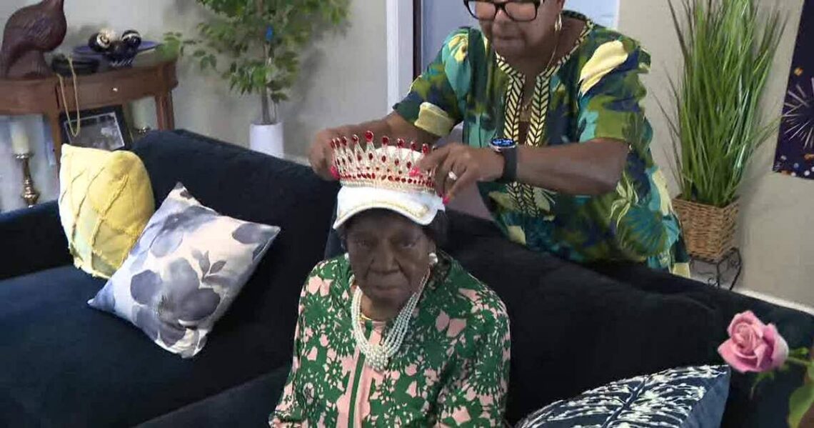 Mabel Dunbar wearing a crown during her 112th birthday celebration in Fayetteville