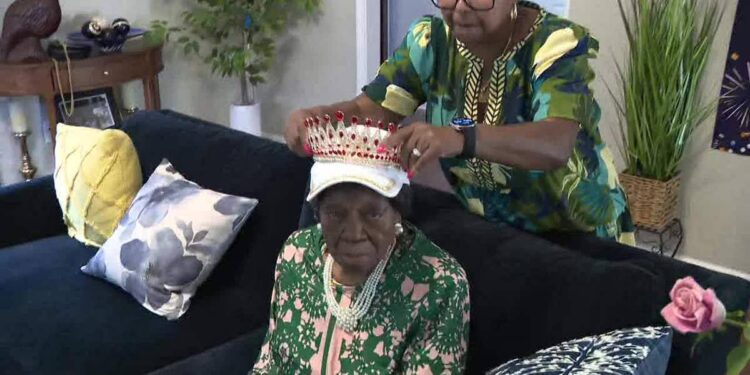 Mabel Dunbar wearing a crown during her 112th birthday celebration in Fayetteville