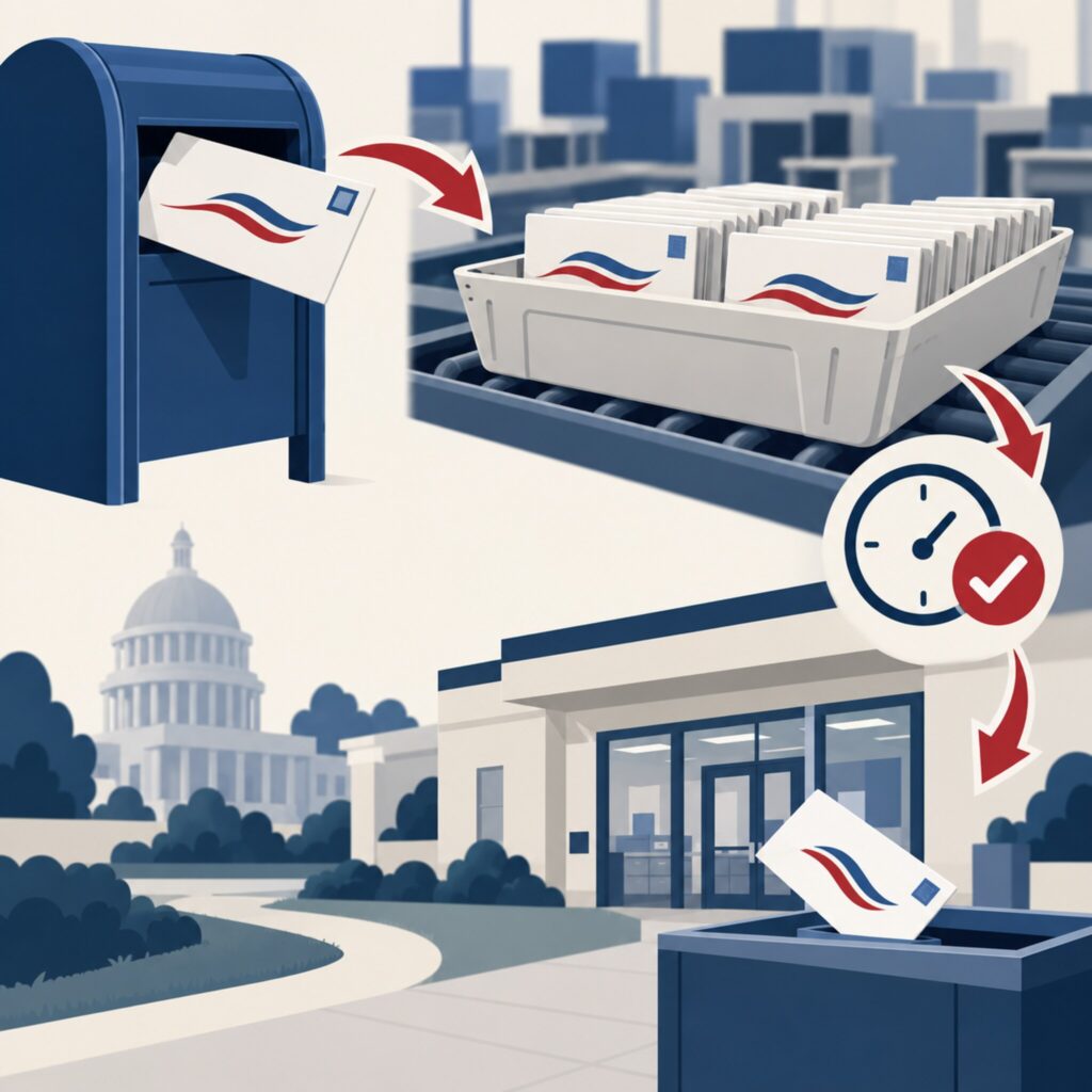 AI-generated illustration of a mailed ballot moving through postal sorting and into an election office.