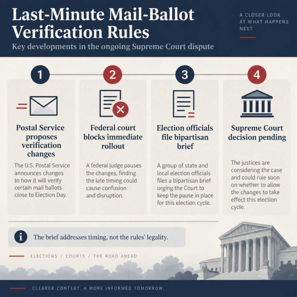 AI-generated illustration showing the proposed postal changes, federal court block, bipartisan brief and pending Supreme Court decision.